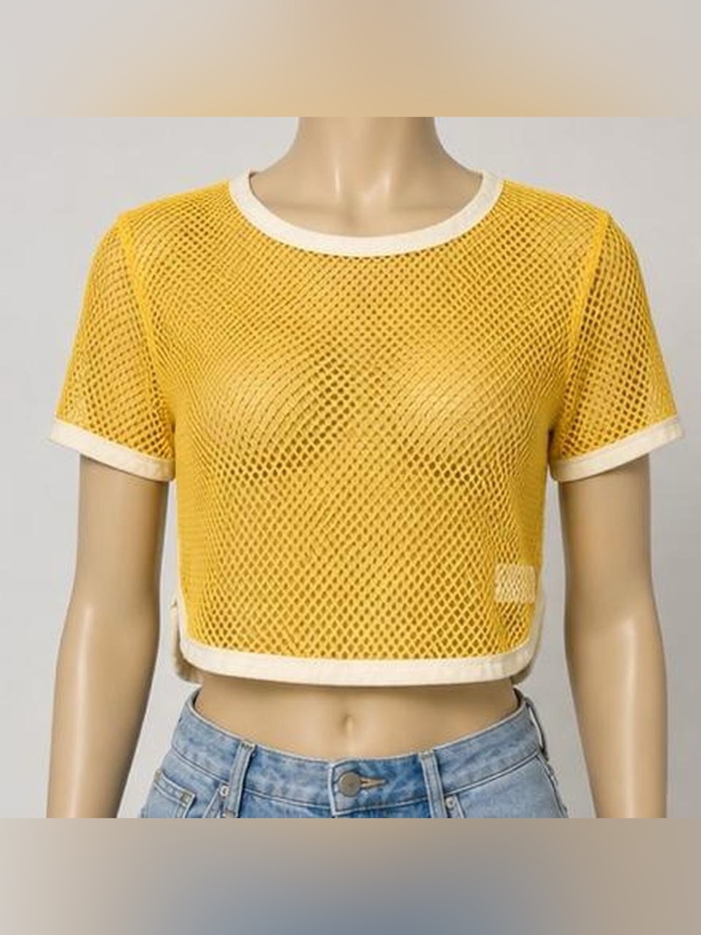 Heart Hips Yellow Mesh Crop Top with Cream Trim